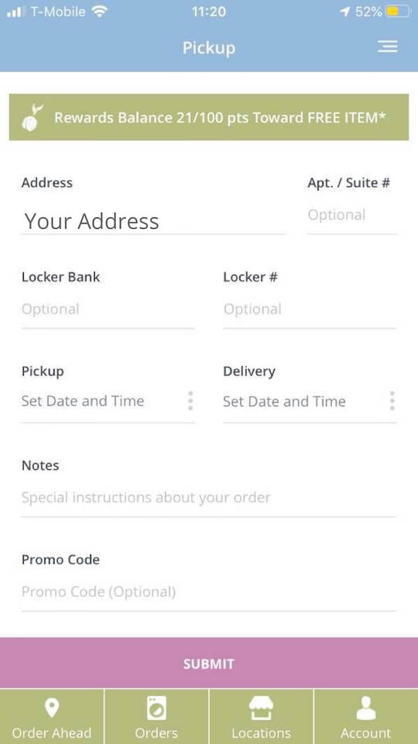 Screenshot of the Mulberrys dry cleaning delivery smartphone app.